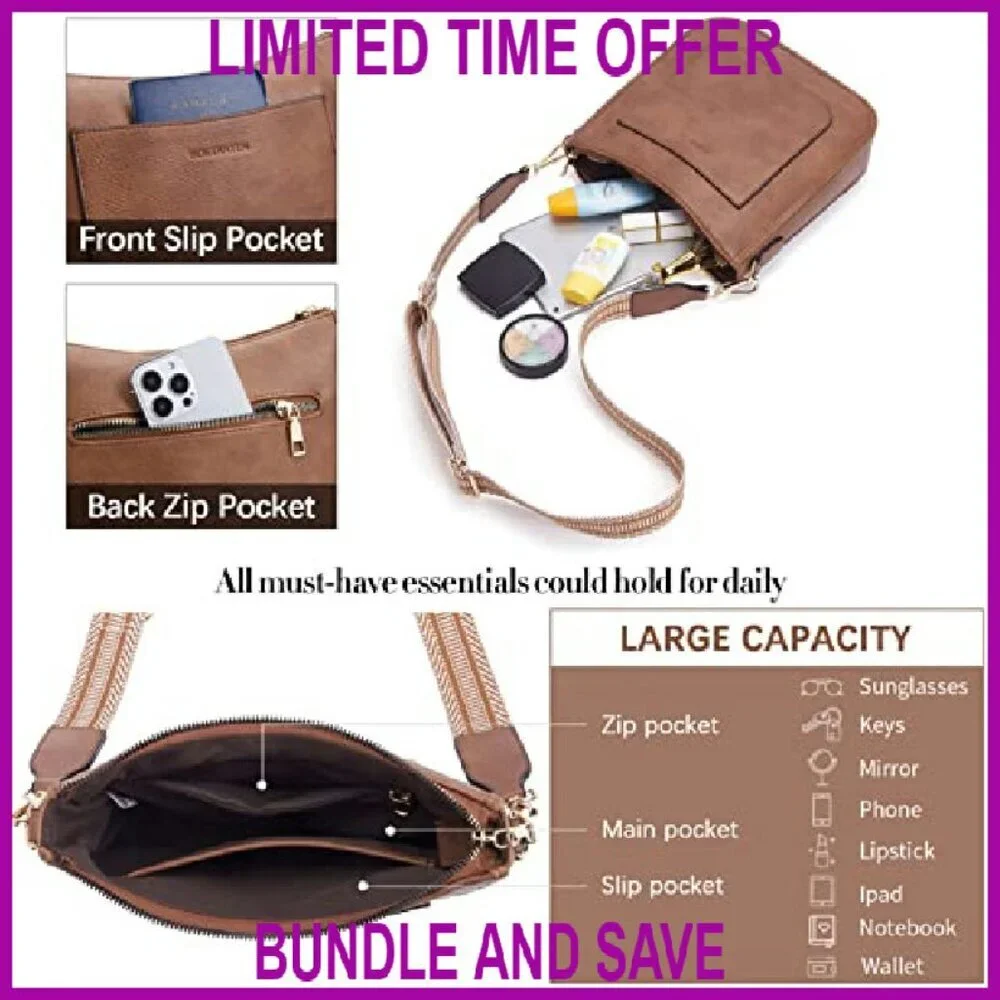 Vegan Leather Crossbody Bag Adjustable Guitar Strap Multi-Pocket Hobo Purse